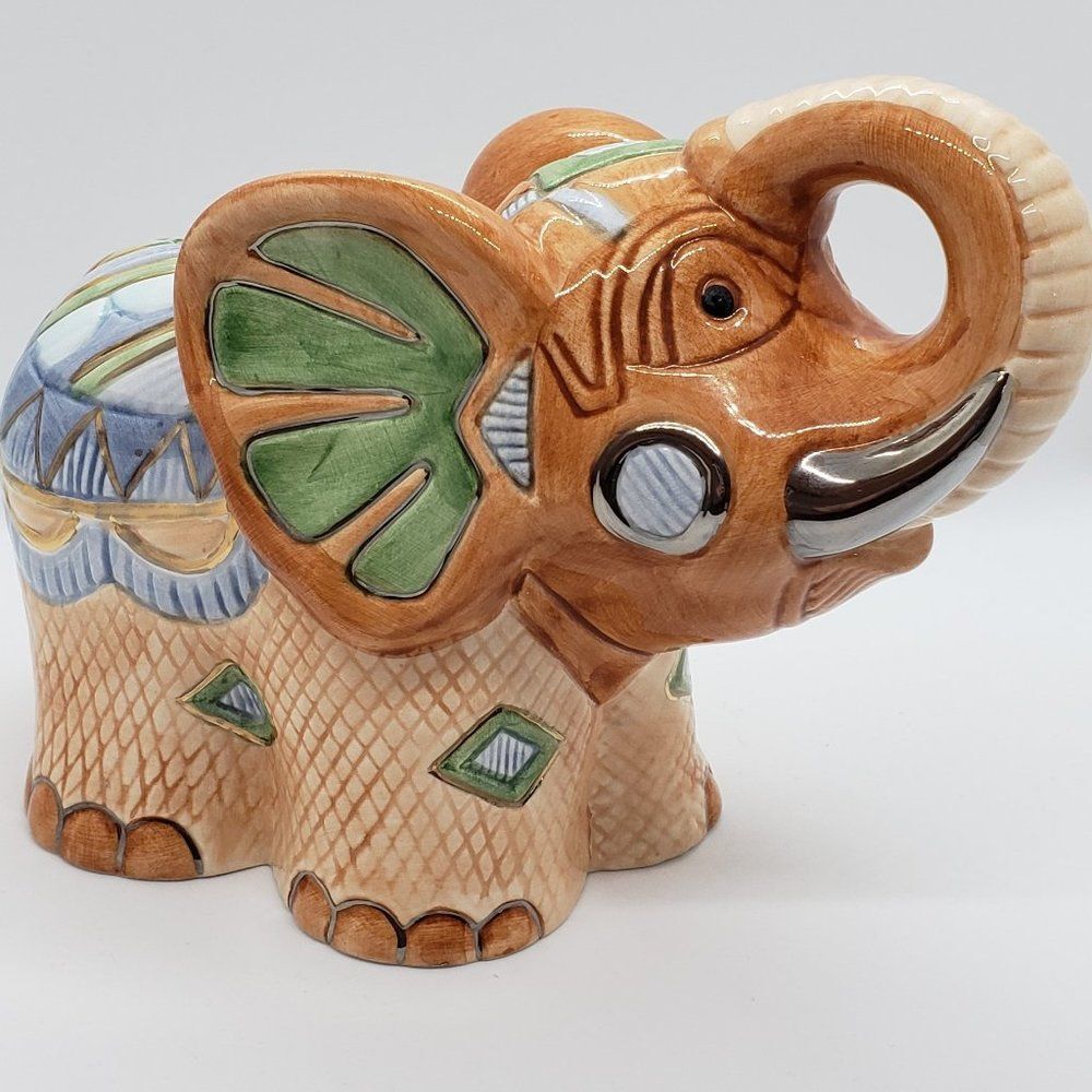 Hand Painted Ceramic Multicoloured Elephant with Gold Gilt Piggy Bank w/Stopper